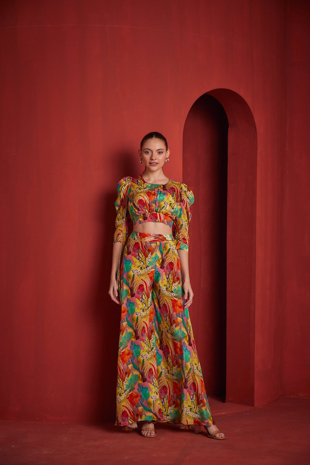 Neerus Yellow Crepe Co-Ord Set - front view