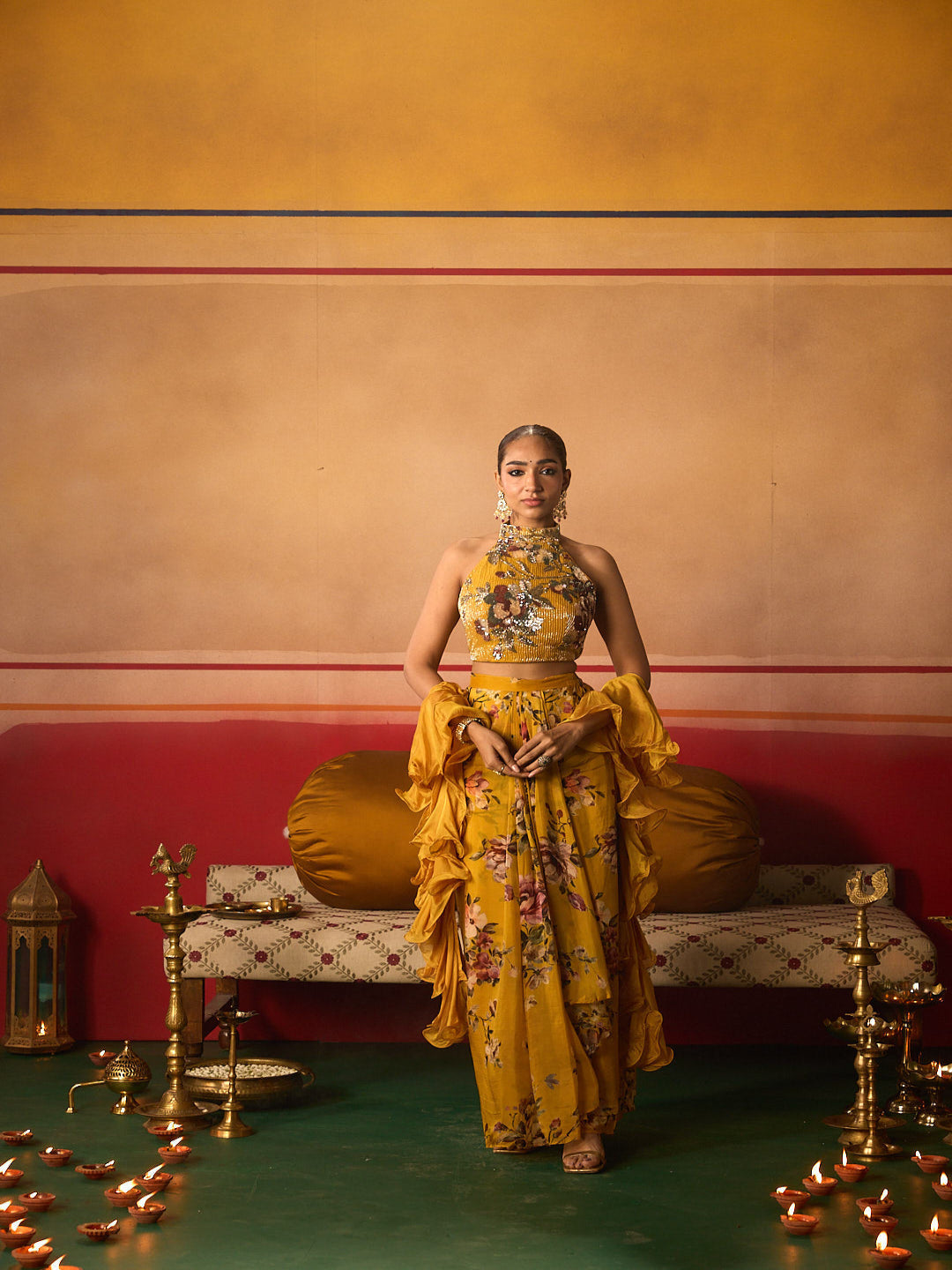 Neerus Yellow organza embellished lehenga set - front view