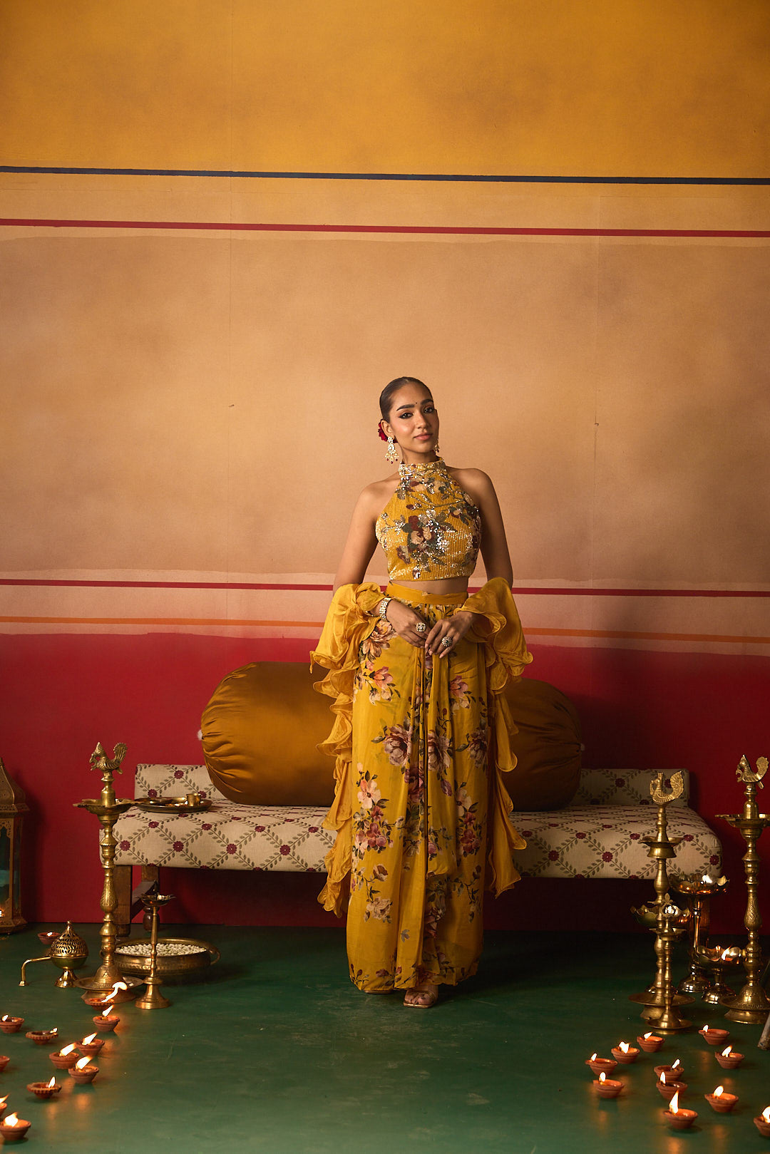 Neerus Yellow organza embellished lehenga set - detail view 5