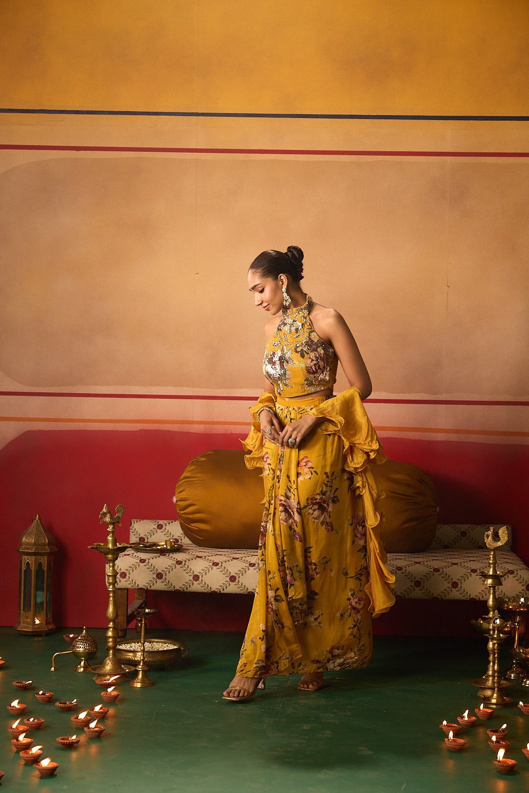 Neerus Yellow organza embellished lehenga set - detail view 4