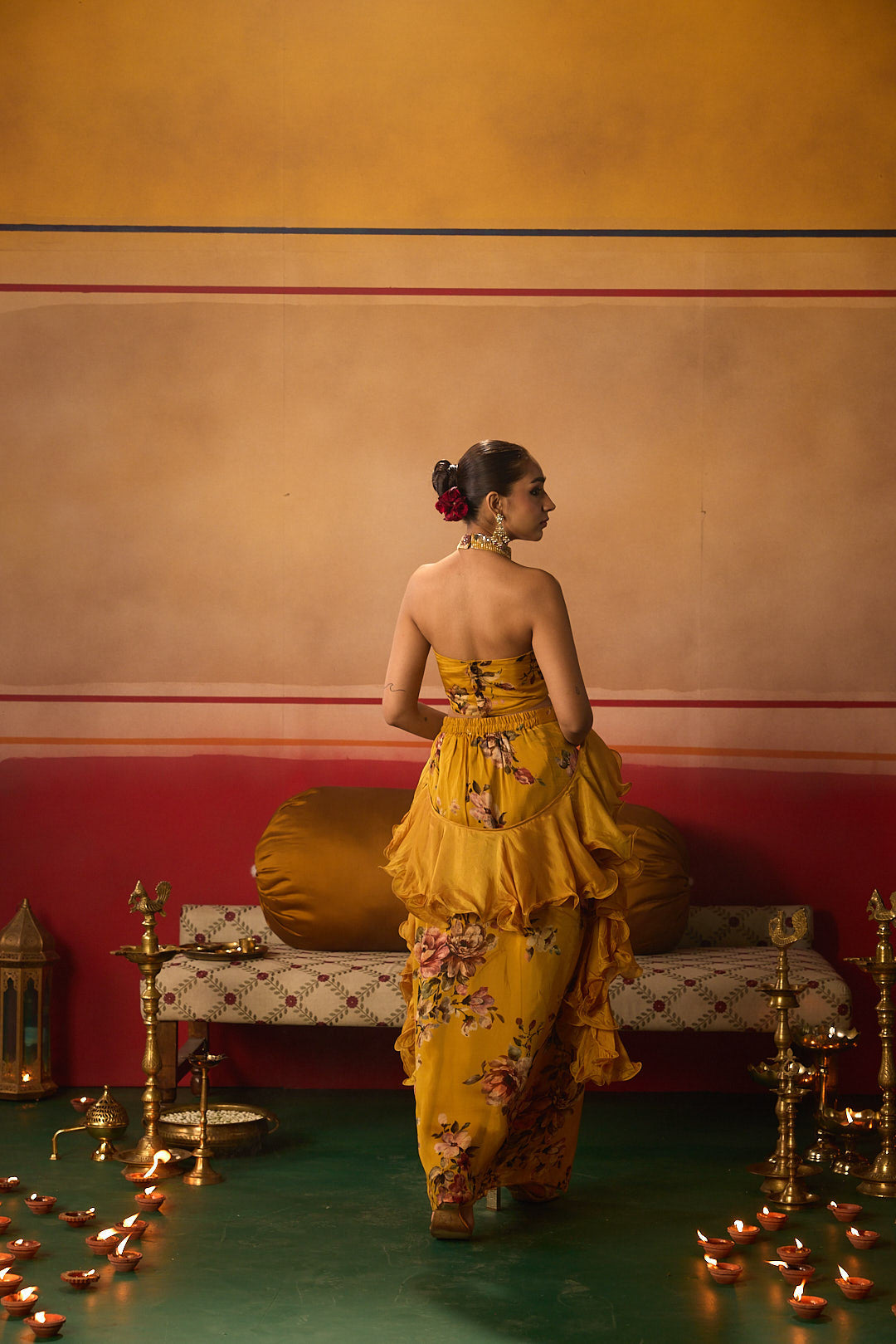 Neerus Yellow organza embellished lehenga set - detail view 3