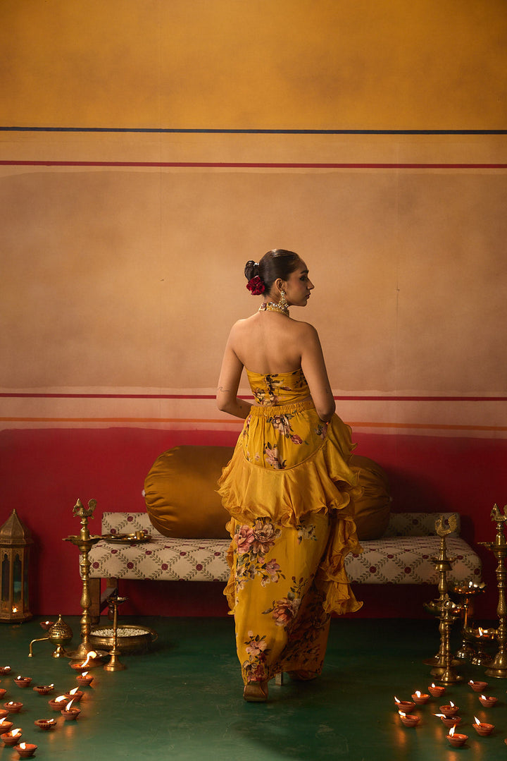 Neerus Yellow organza embellished lehenga set - detail view 3