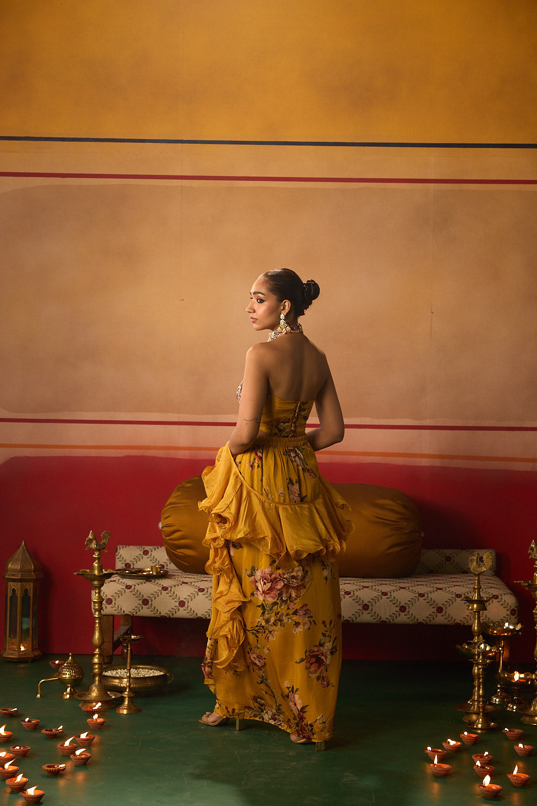 Neerus Yellow organza embellished lehenga set - detail view 2