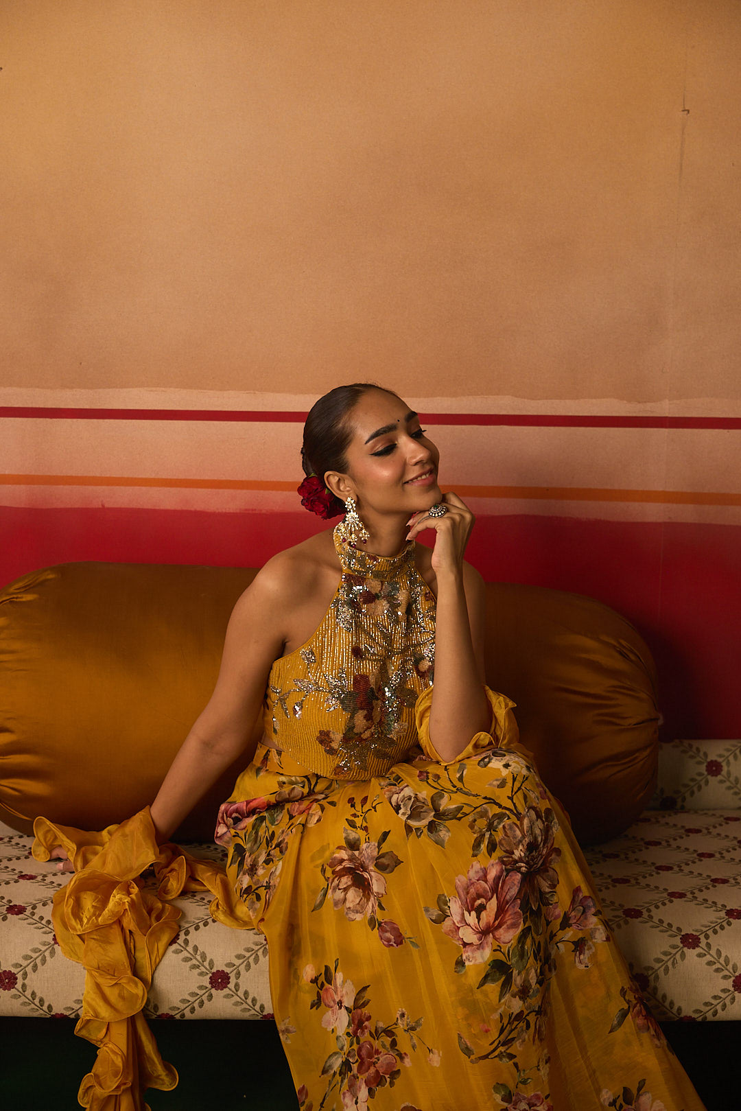 Neerus Yellow organza embellished lehenga set - detail view 7