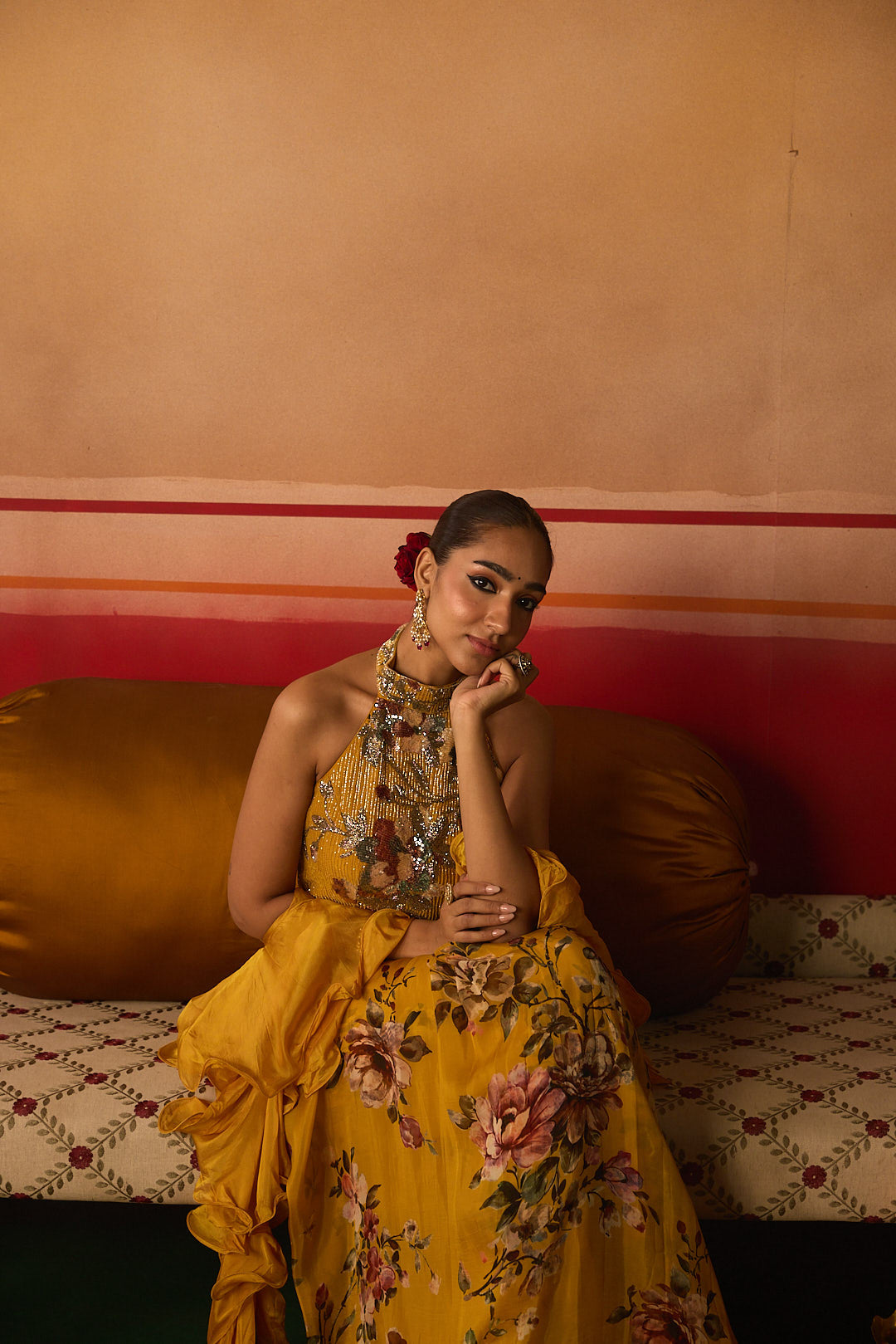 Neerus Yellow organza embellished lehenga set - detail view 8