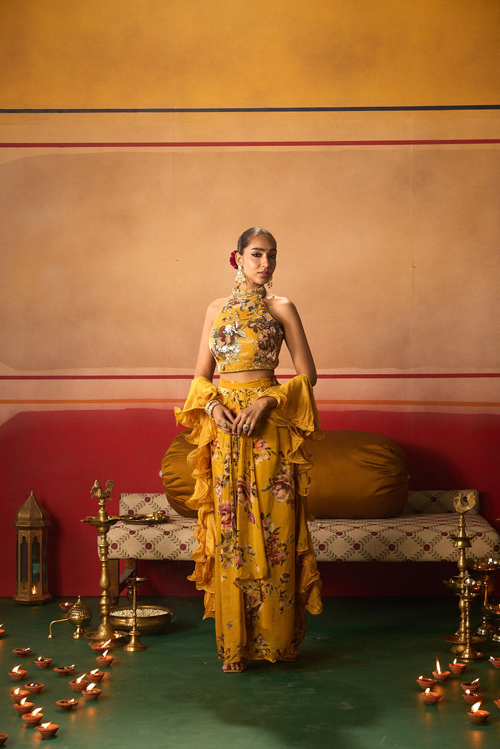 Neerus Yellow organza embellished lehenga set - back view