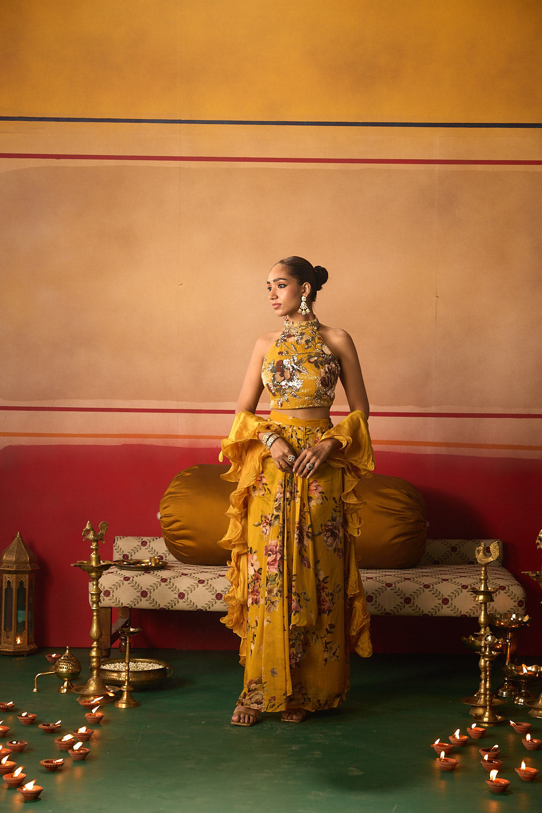 Neerus Yellow organza embellished lehenga set - side view