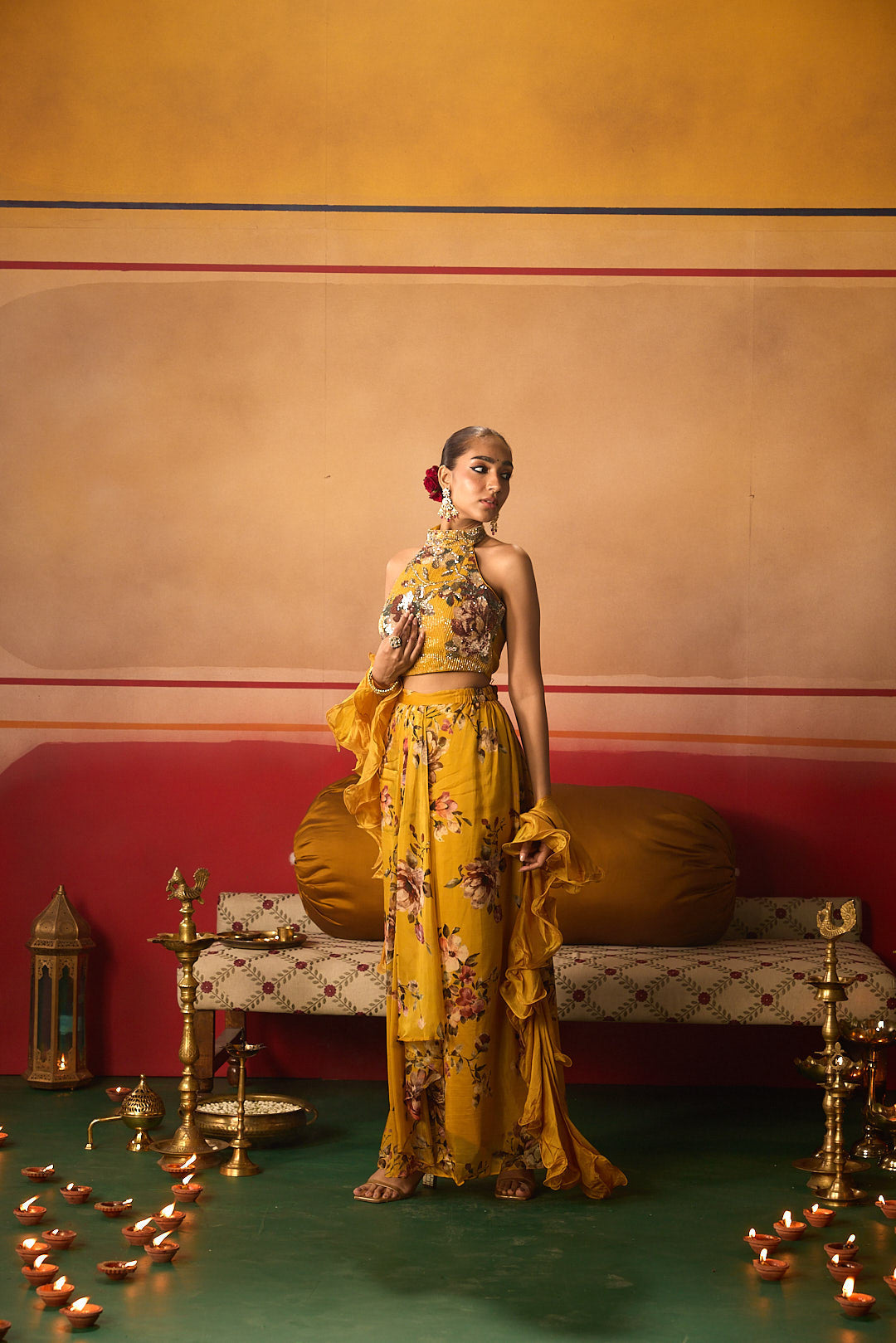 Neerus Yellow organza embellished lehenga set - detail view 1