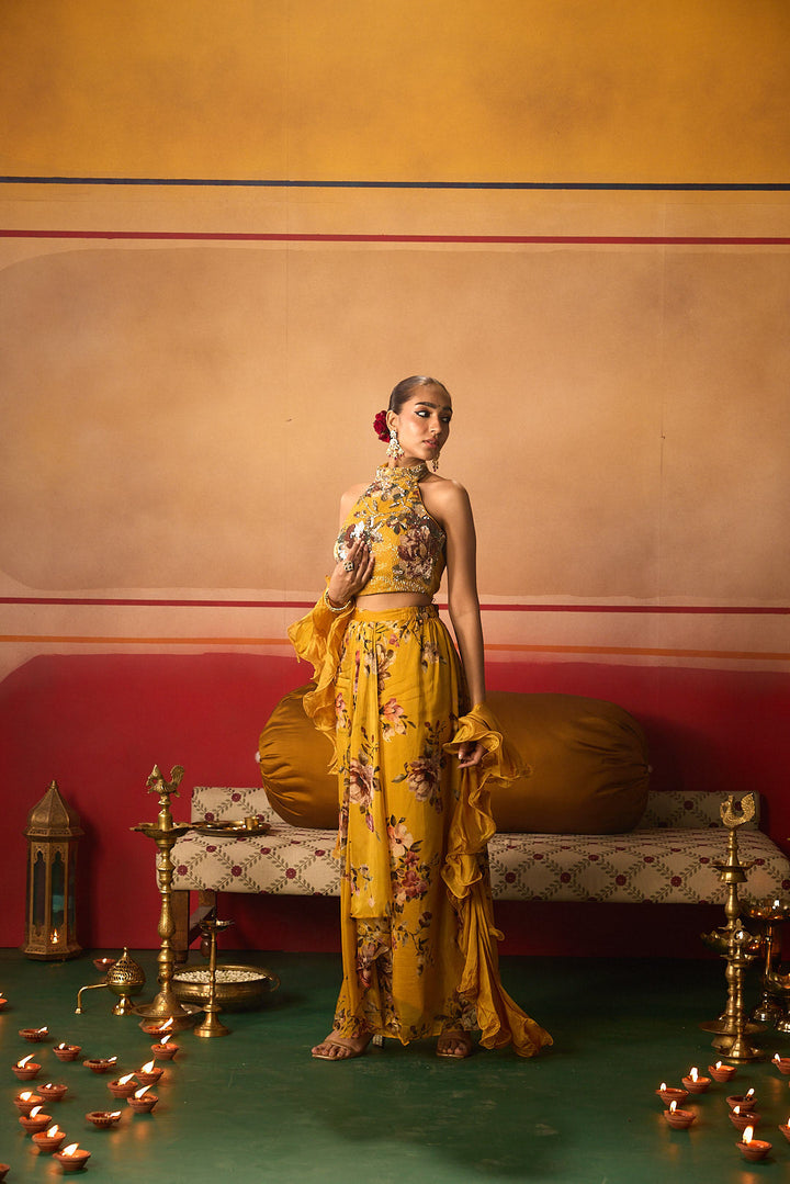 Neerus Yellow organza embellished lehenga set - detail view 1
