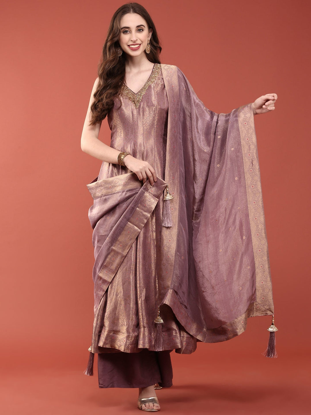 Neerus Purple Banarasi woven Anarkali suit set - front view