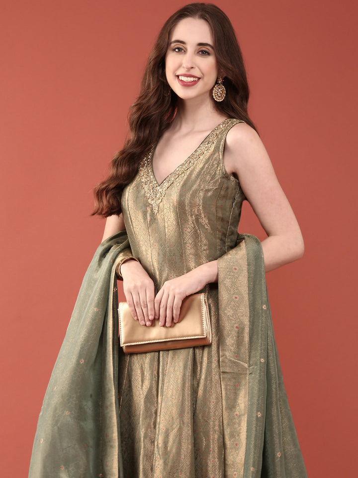 Neerus Green Banarasi woven Anarkali suit set - detail view 3