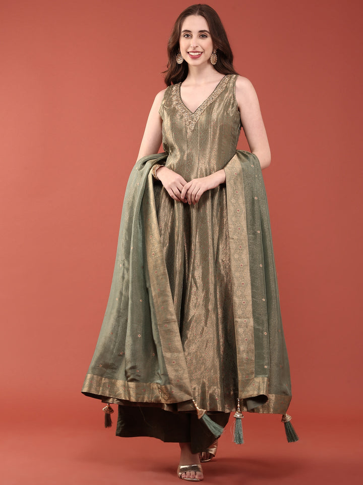 Neerus Green Banarasi woven Anarkali suit set - detail view 2