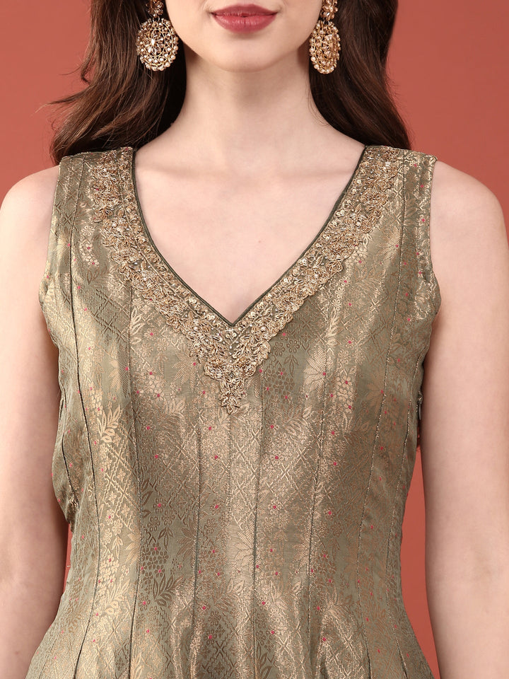 Neerus Green Banarasi woven Anarkali suit set - detail view 1