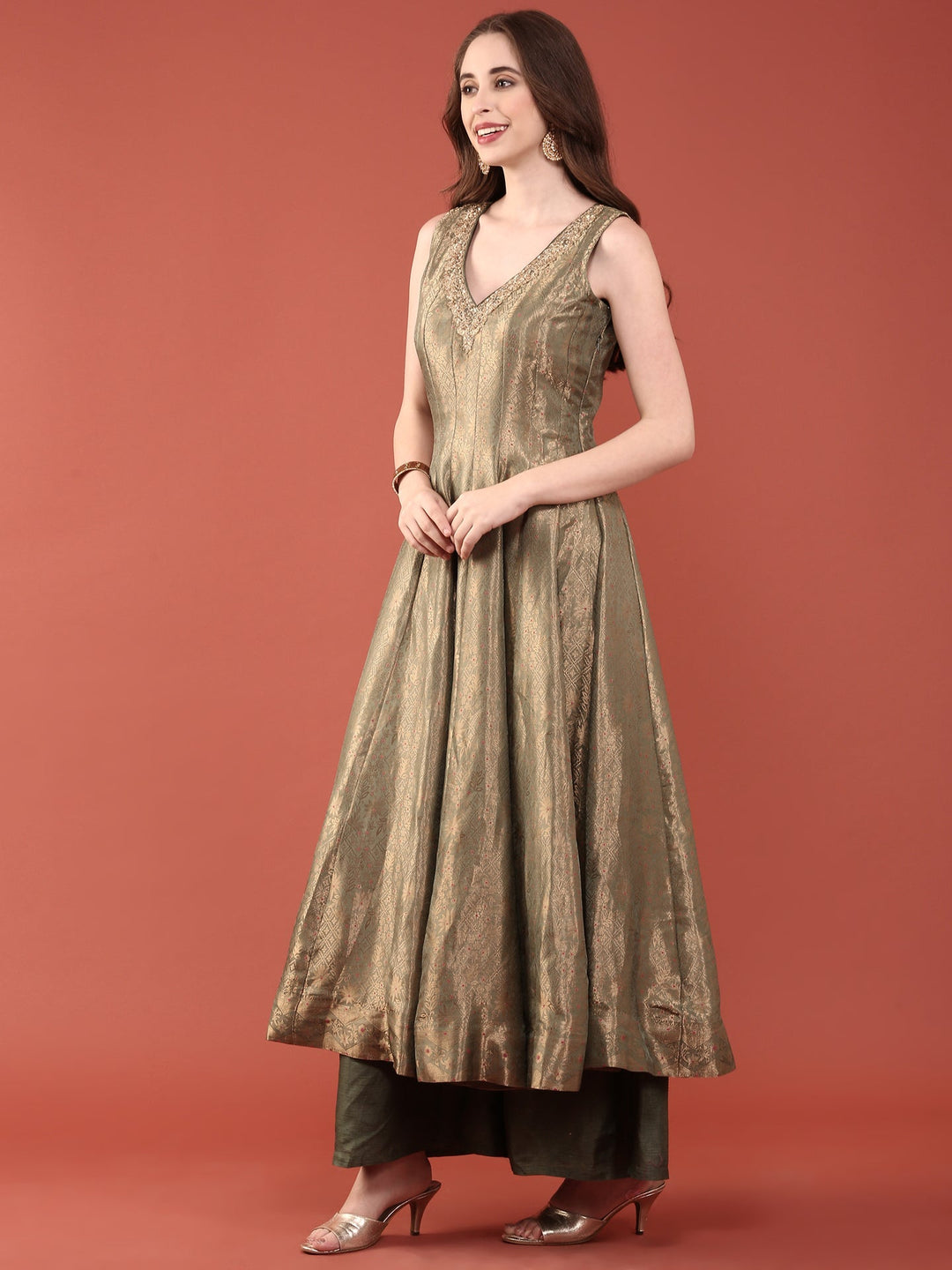 Neerus Green Banarasi woven Anarkali suit set - back view