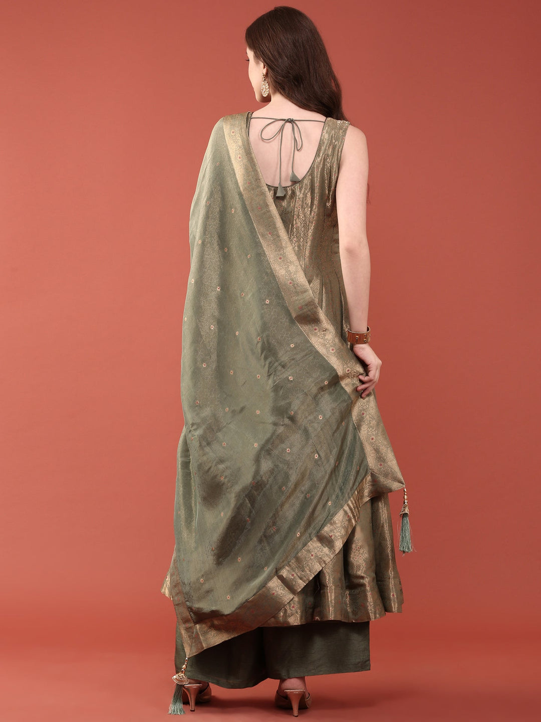Neerus Green Banarasi woven Anarkali suit set - side view