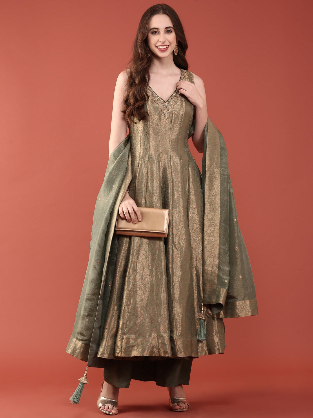 Neerus Green Banarasi woven Anarkali suit set - front view
