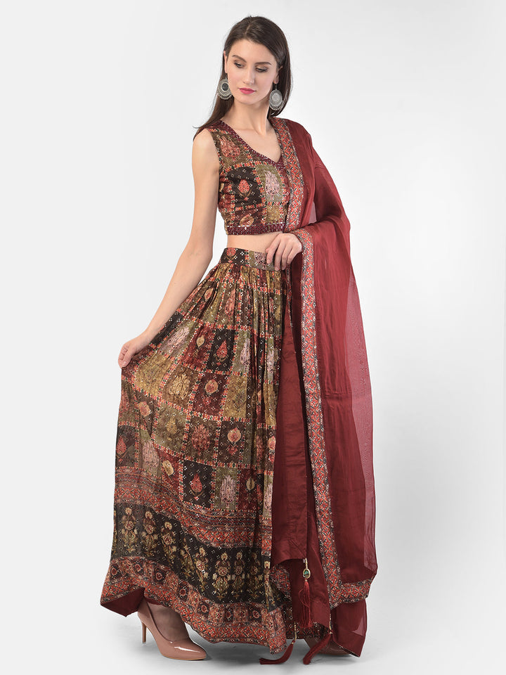 Neerus Multi silk printed lehenga set - front view