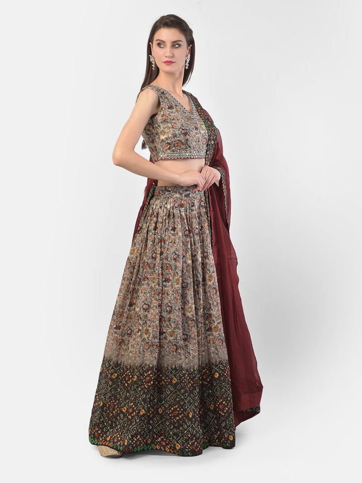 Neerus Grey silk embellished lehenga set - back view
