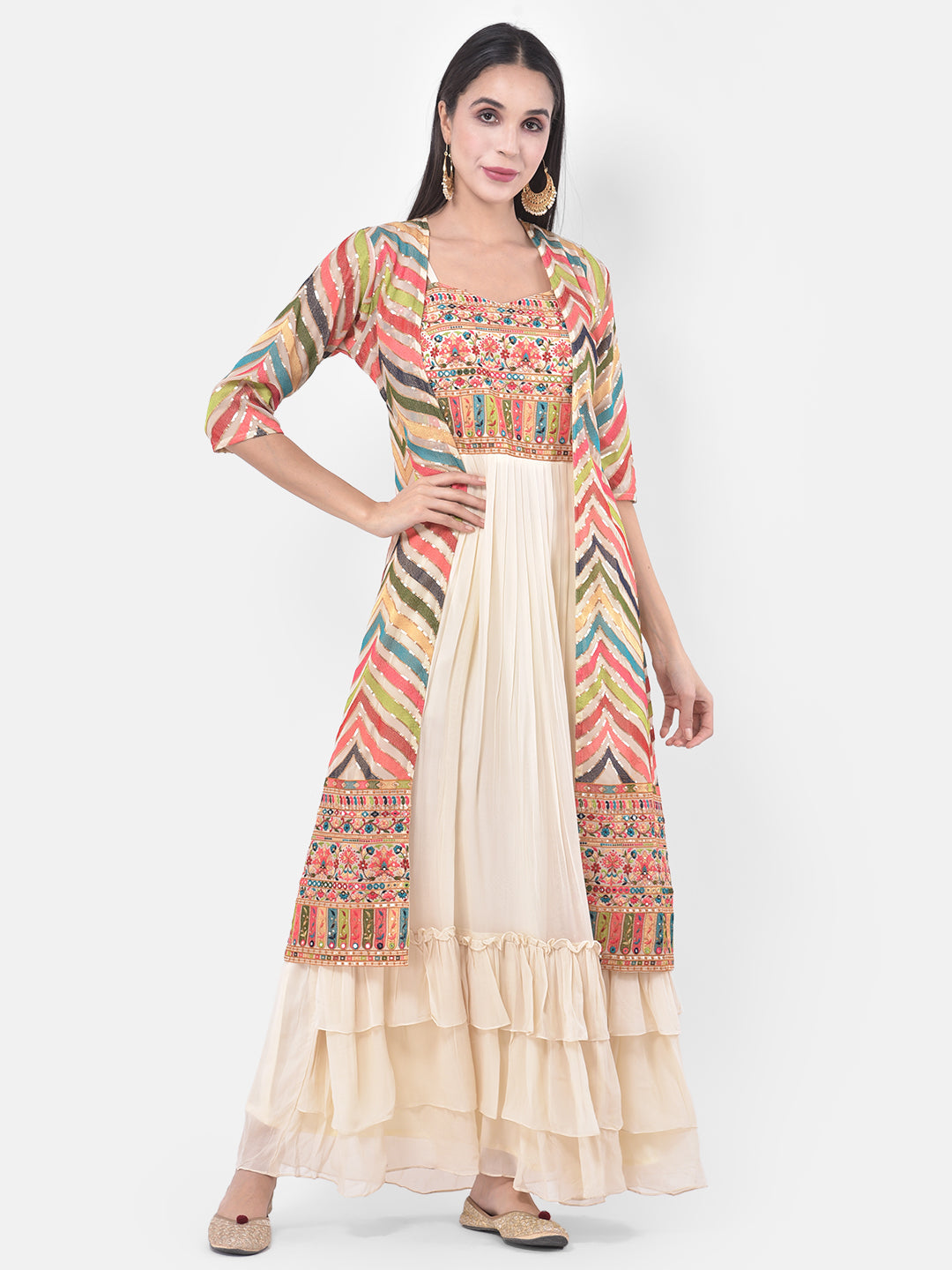 Neerus Beige georgette ethnic fusion dress - front view