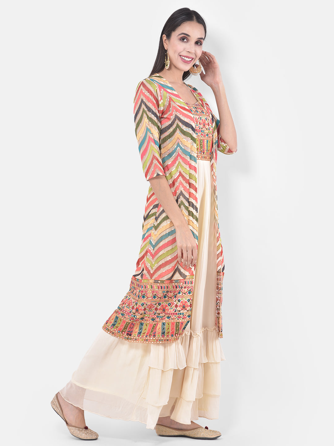 Neerus Beige georgette ethnic fusion dress - back view