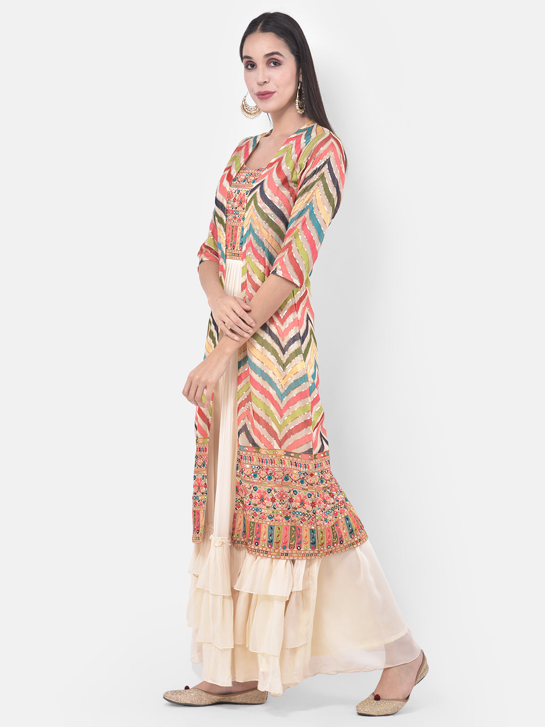 Neerus Beige georgette ethnic fusion dress - side view