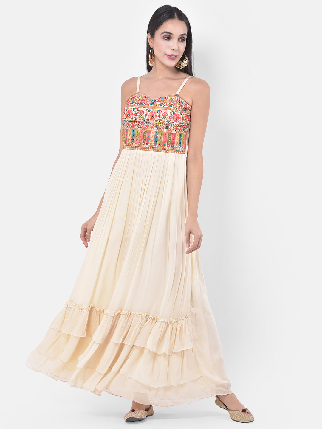 Neerus Beige georgette ethnic fusion dress - detail view 3