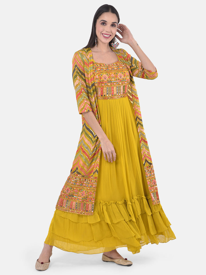 Neerus Yellow embroidered flared kurta with shrug - front view