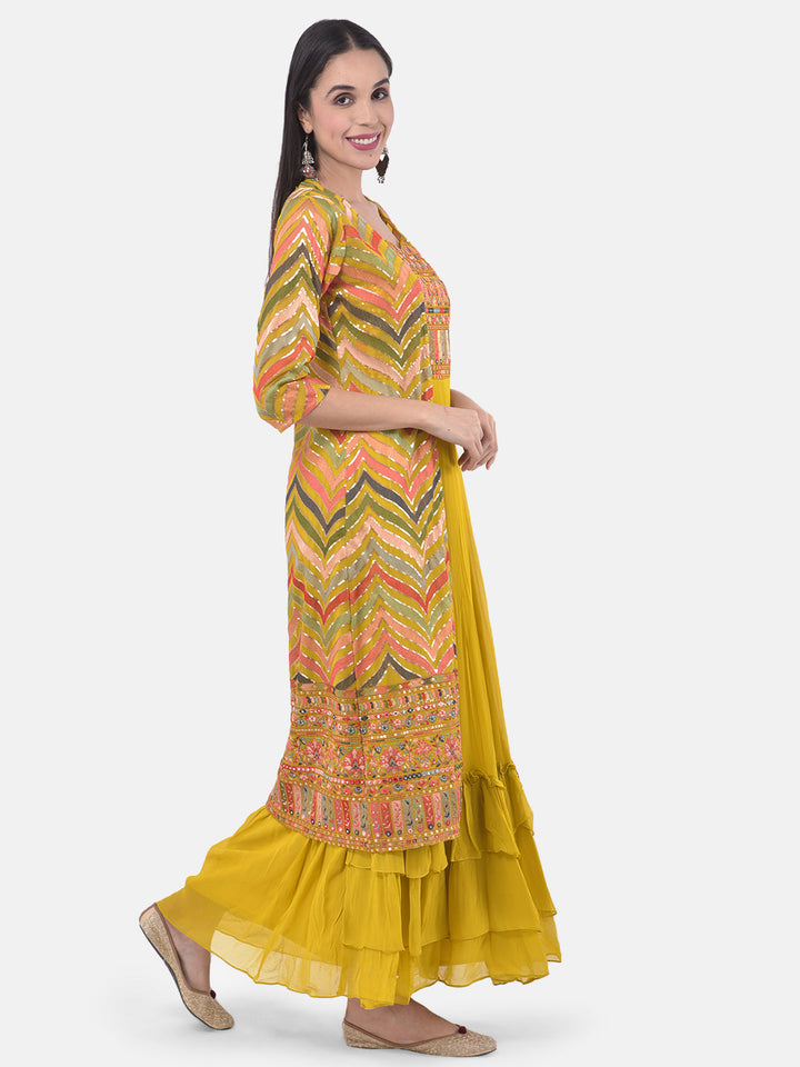 Neerus Yellow embroidered flared kurta with shrug - back view
