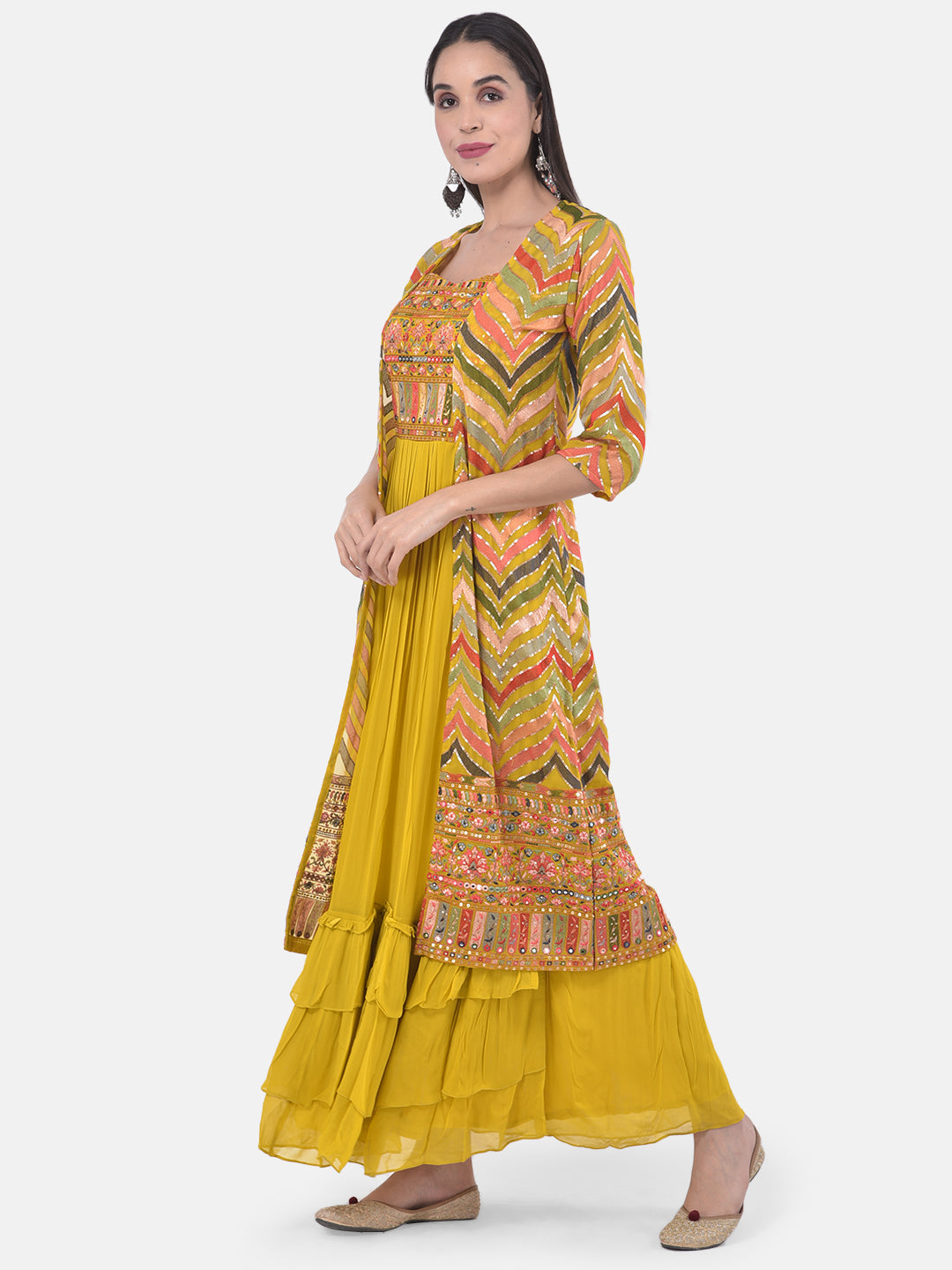 Neerus Yellow embroidered flared kurta with shrug - side view