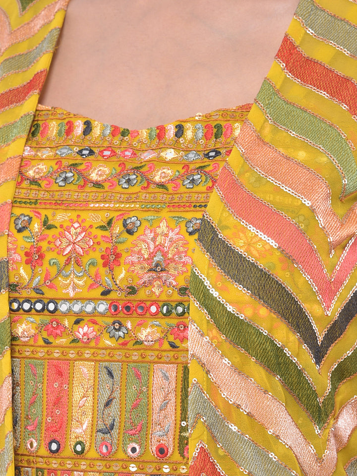 Neerus Yellow embroidered flared kurta with shrug - detail view 1