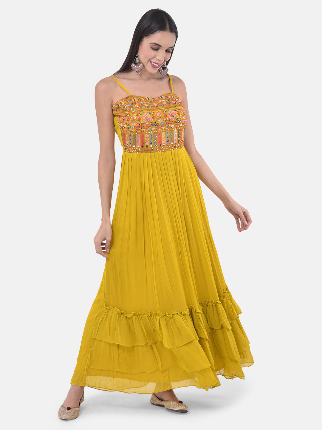 Neerus Yellow embroidered flared kurta with shrug - detail view 2