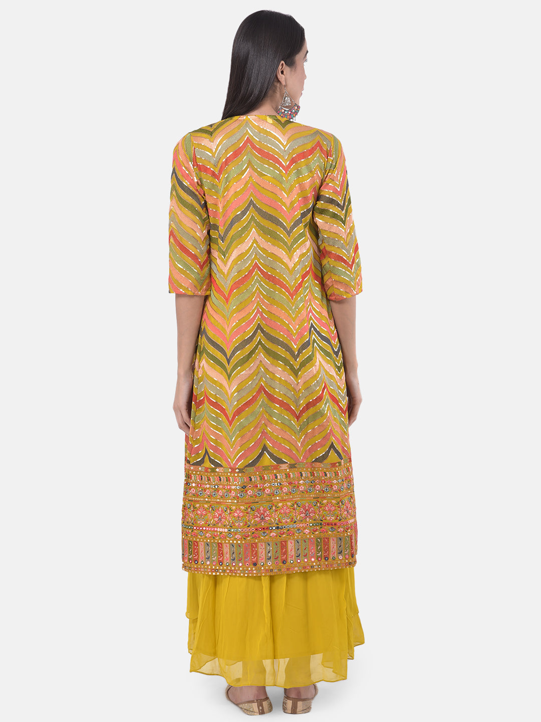 Neerus Yellow embroidered flared kurta with shrug - detail view 3