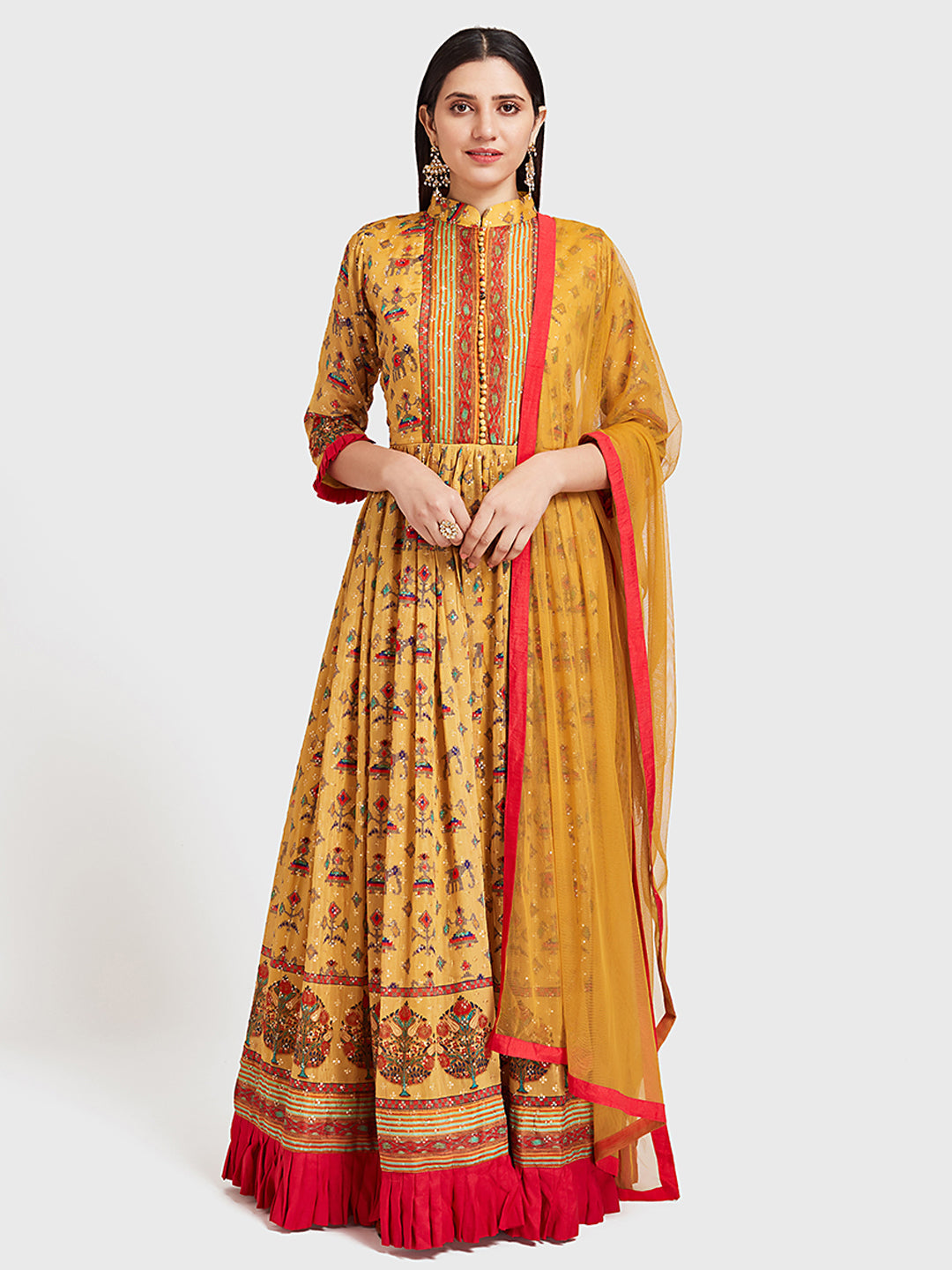 Neerus Yellow silk Anarkali suit set - detail view 3