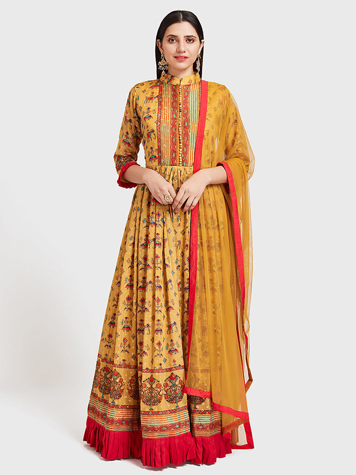 Neerus Yellow silk Anarkali suit set - detail view 3