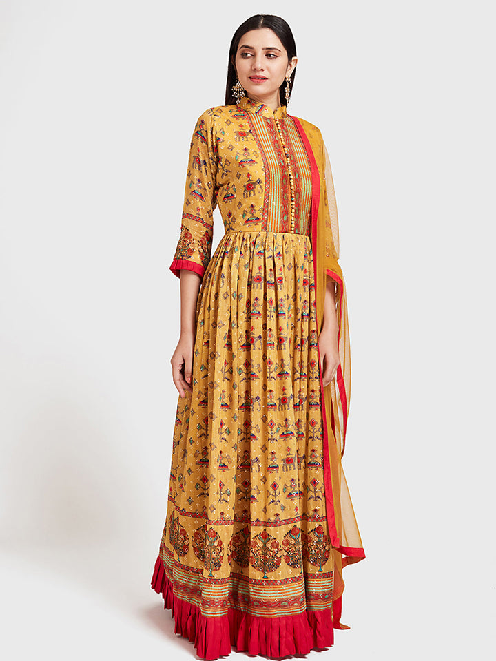 Neerus Yellow silk Anarkali suit set - front view
