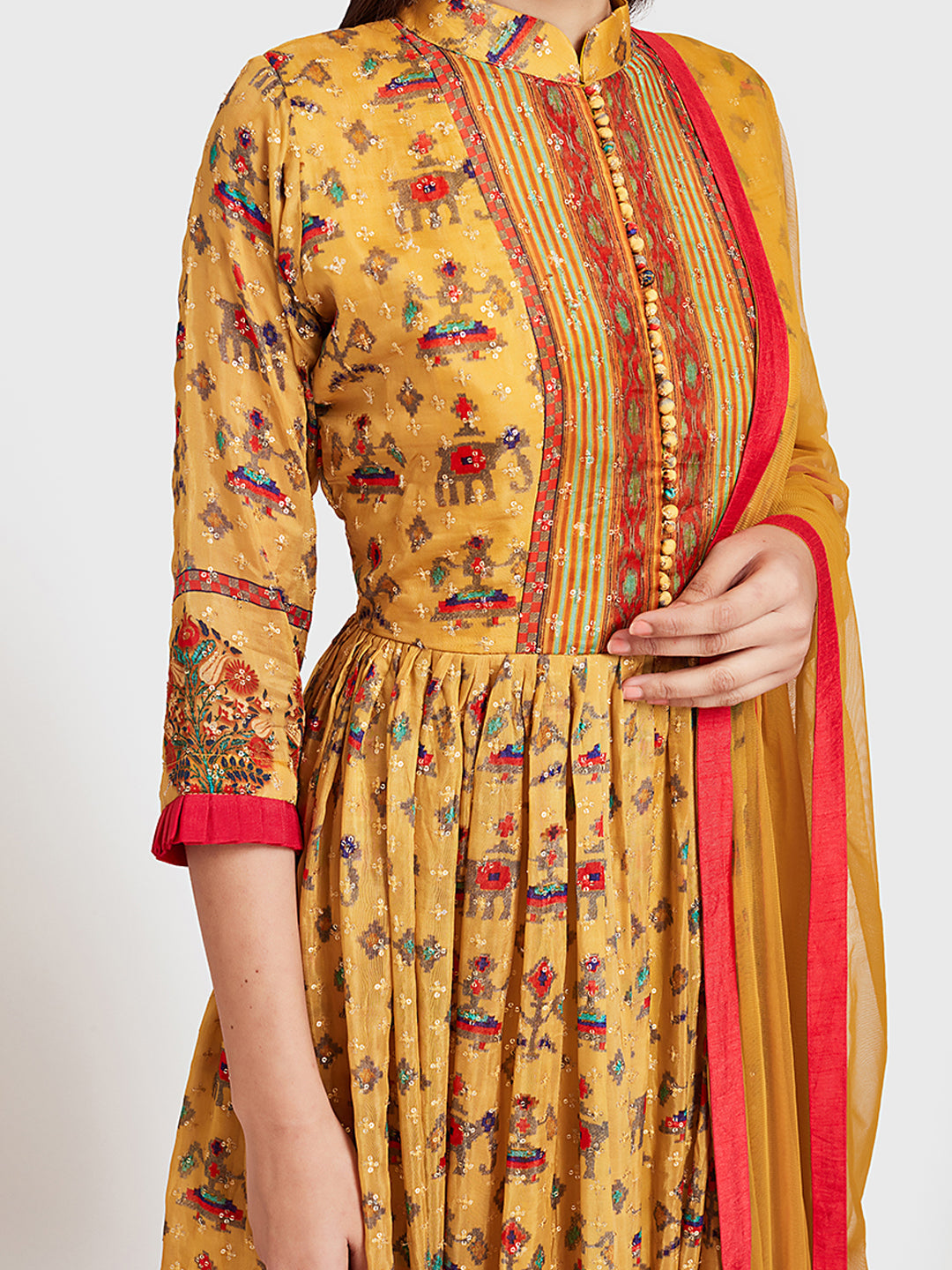 Neerus Yellow silk Anarkali suit set - back view
