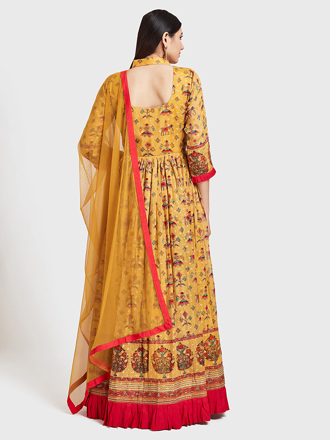 Neerus Yellow silk Anarkali suit set - detail view 2