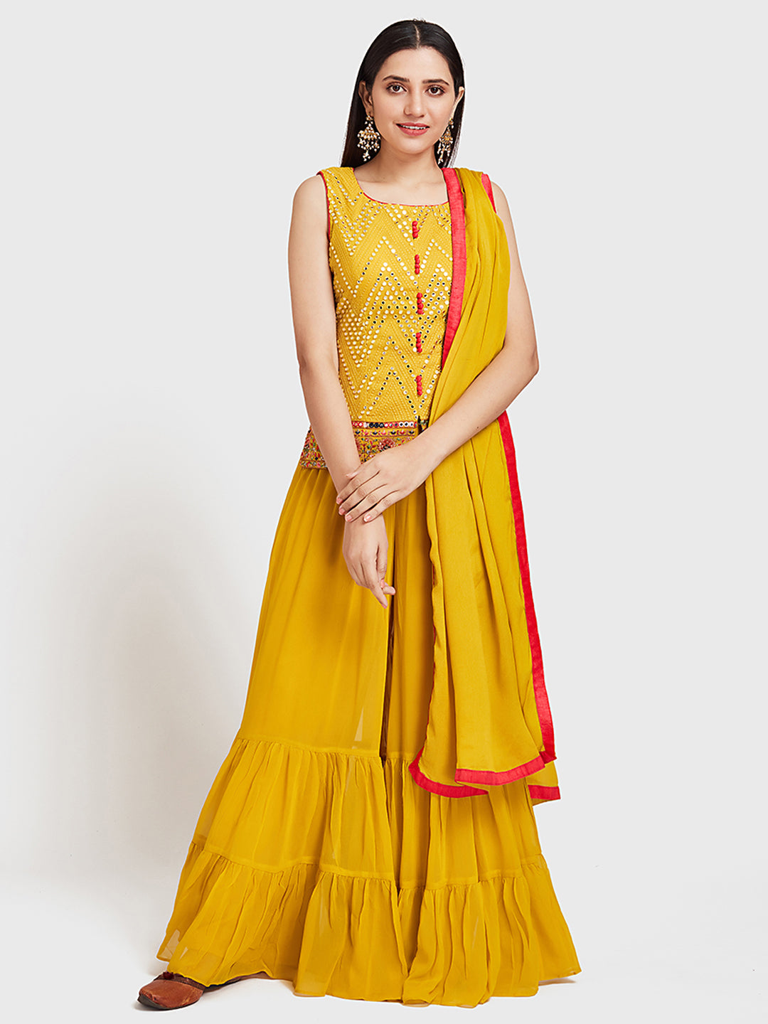 Neerus Yellow georgette anarkali suit set - front view