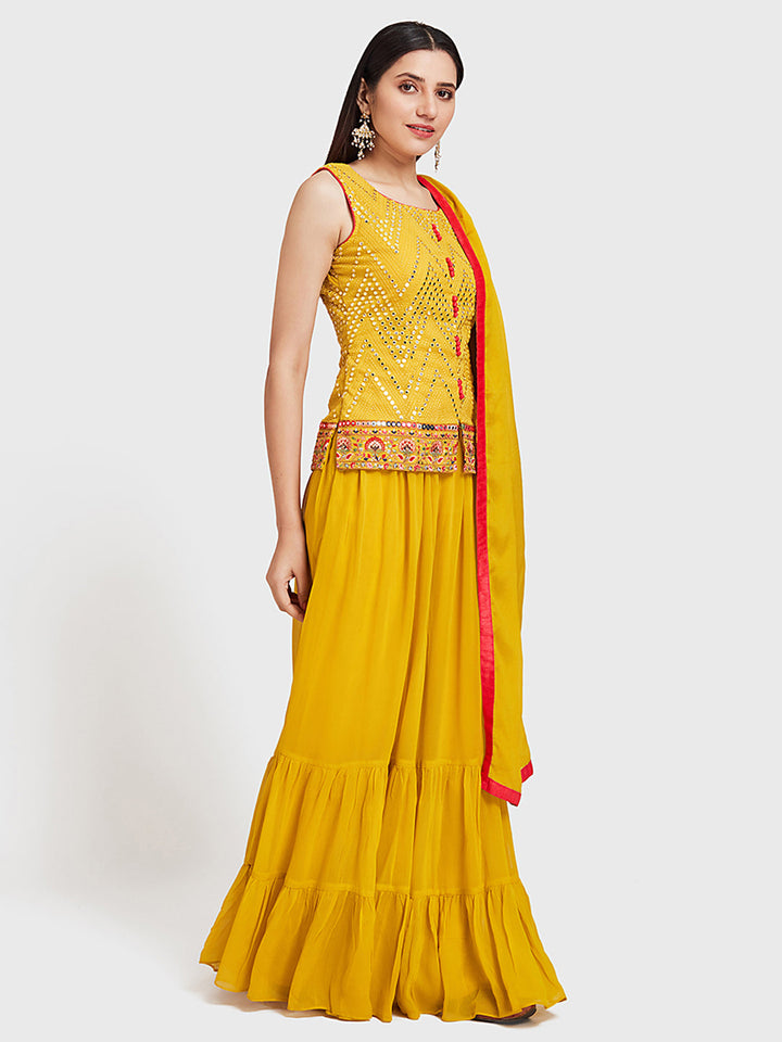 Neerus Yellow georgette anarkali suit set - back view