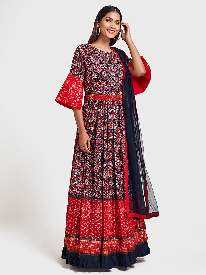 Neerus Blue silk anarkali suit set - front view