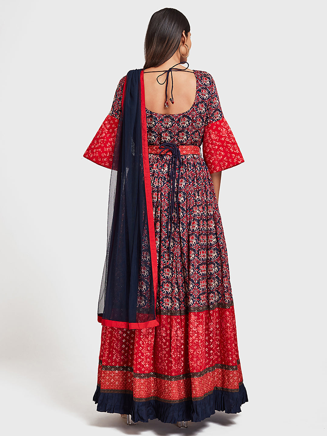 Neerus Blue silk anarkali suit set - back view