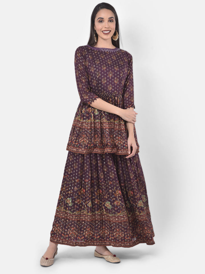 Neerus Purple Embellished Kurta With Skirt & Dupatta