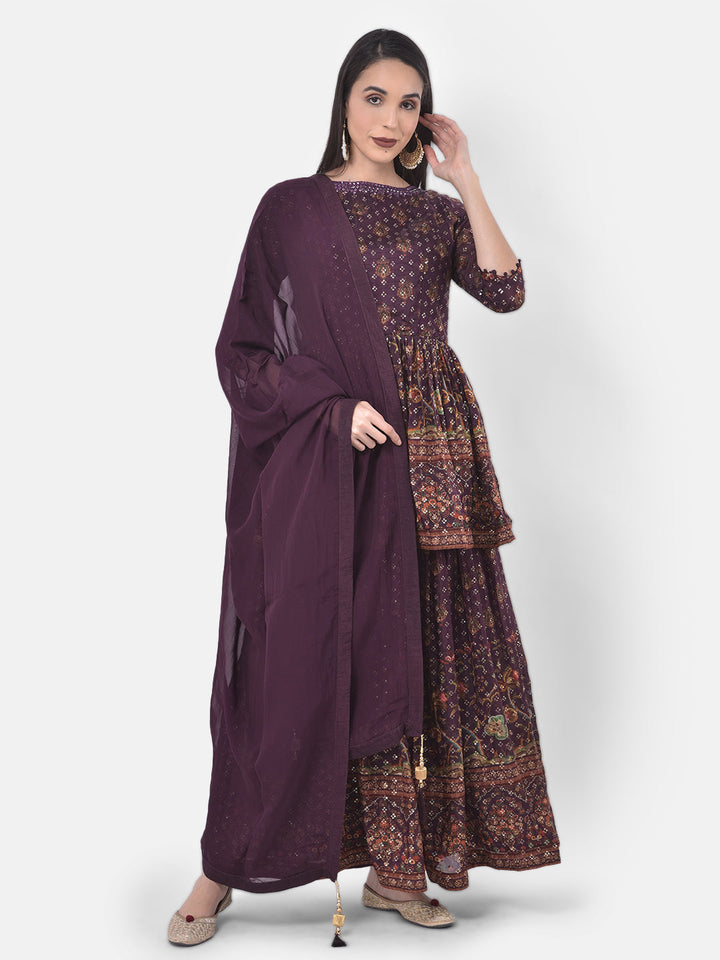 Neerus Purple Embellished Kurta With Skirt & Dupatta