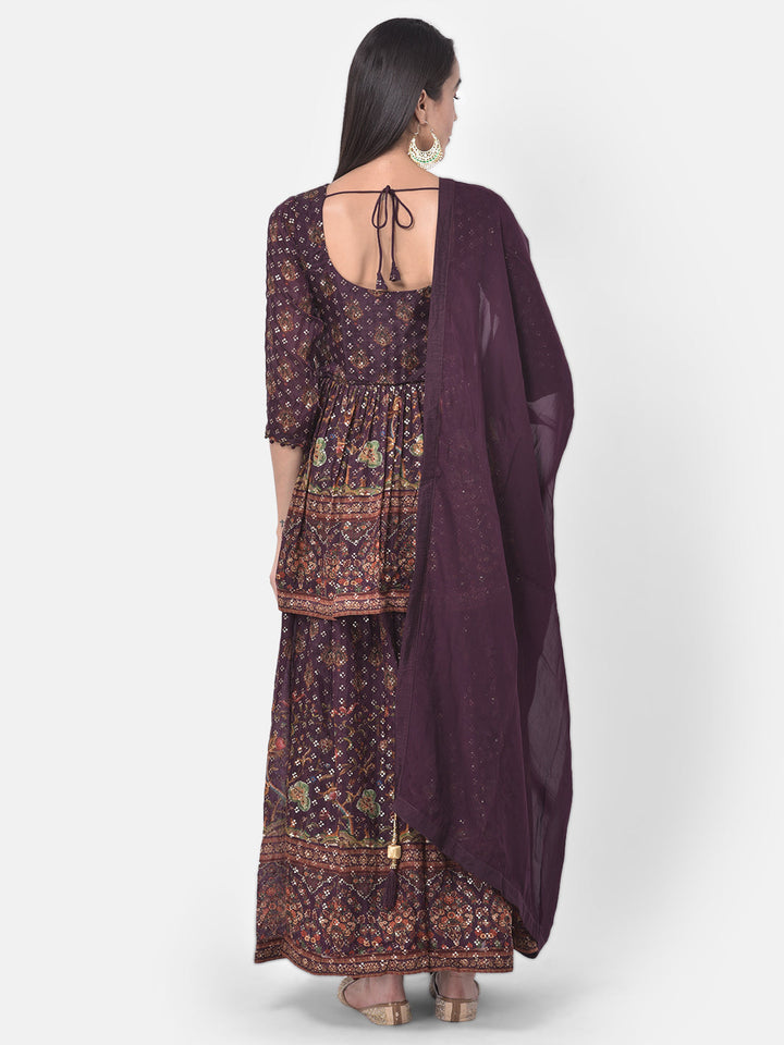 Neerus Purple Embellished Kurta With Skirt & Dupatta