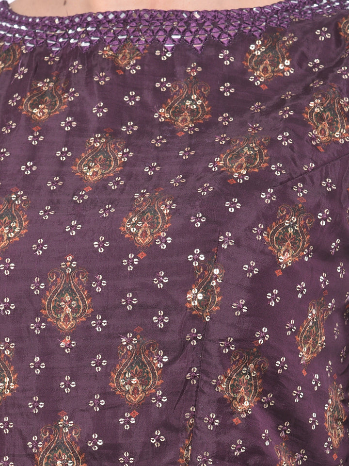 Neerus Purple Embellished Kurta With Skirt & Dupatta