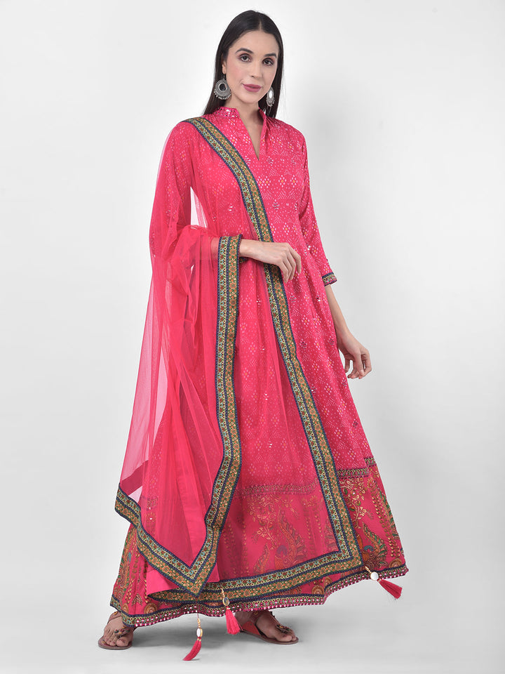 Neerus Pink georgette printed anarkali kurta with dupatta - detail view 5