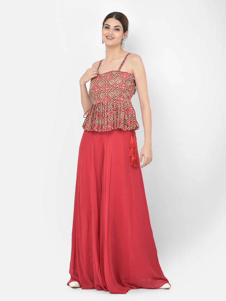 Neerus Red georgette embellished kurta set with palazzo and dupatta - detail view 7