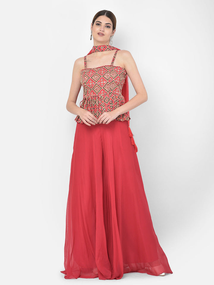 Neerus Red georgette embellished kurta set with palazzo and dupatta - back view