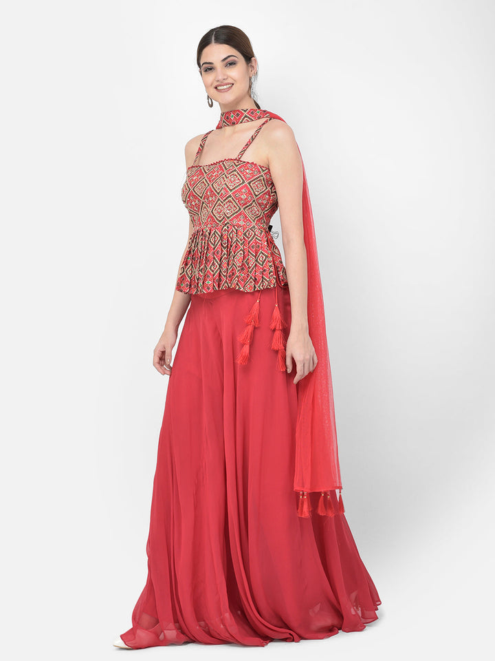 Neerus Red georgette embellished kurta set with palazzo and dupatta - detail view 8