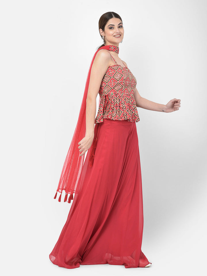 Neerus Red georgette embellished kurta set with palazzo and dupatta - detail view 9